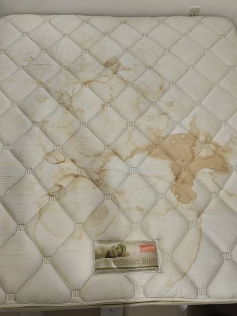 A mattress with large brown water stains, before cleaning
