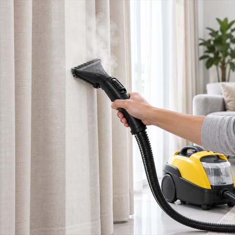 Illustration: steam-cleaning hanging curtains at home with a steam vacuum