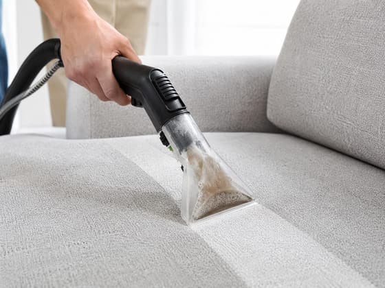 AI-generated illustration: an extraction nozzle drawing dirty water out of a light-grey fabric sofa, leaving a clean stripe